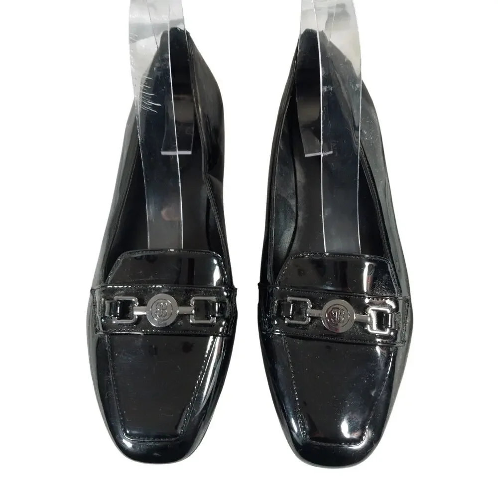 BANDOLINO! FLORA BLACK PATENT LEATHER FRONT METAL HARNESS NIPPED TOE FLATS!SZ 8M